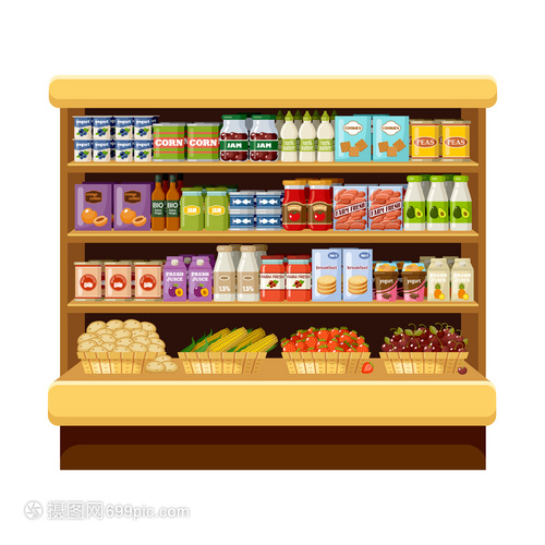 超市乳品區 儲藏室與貨架的矢量平插圖解
